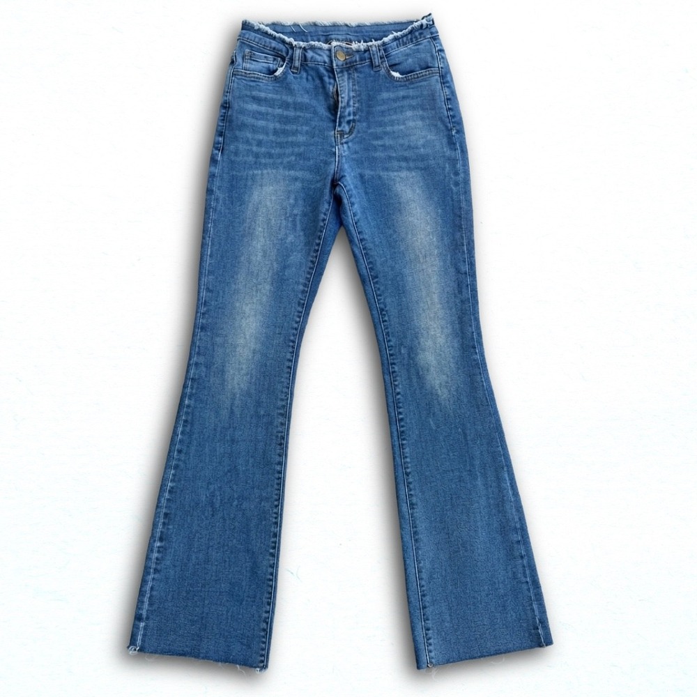 Womens Medium Wash Raw Hem Flare Jeans Frayed Waistband Denim Trousers